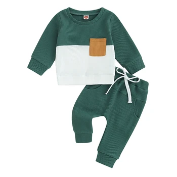  Комплект Осенней одежды для маленьких мальчиков, толстовка контрастного цвета с круглым вырезом и длинным рукавом и спортивные штаны с эластичной резинкой на талии, одежда для младенцев
