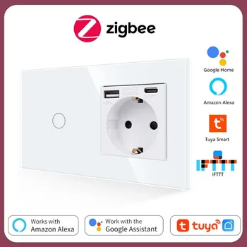  Переключатели ZigBee со Стандартной USB-Розеткой Европейского стандарта, Выключатель света, Работают с приложением Tuya Smart Life, Управление Умным домом Требует Нейтрали