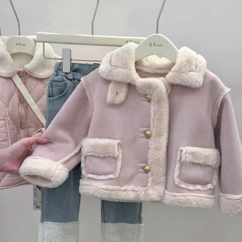  Пальто для девочек Осень-зима 2023, Новое утепленное детское пальто с мехом на флисовой подкладке, Модная детская зимняя одежда