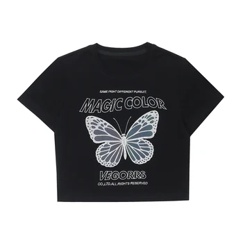  Летняя модная футболка с принтом бабочки, укороченный топ для девочек-подростков, футболка с коротким рукавом и круглым вырезом, короткая футболка