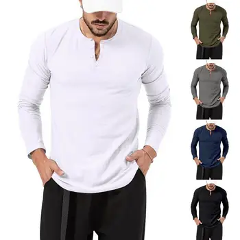  Мужской летний весенний топ с круглым вырезом, однотонный приталенный пуловер с длинным рукавом, Мягкий низ средней длины, мужская футболка