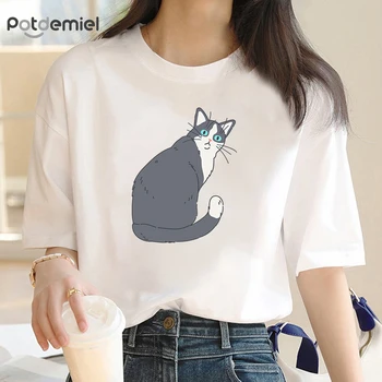  Прекрасная летняя женская футболка с графическим принтом Kawaii Cat, женская повседневная белая рубашка с круглым воротником и коротким рукавом, женская футболка, женская