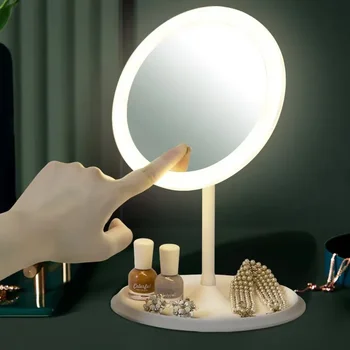  Светодиодное зеркало для макияжа со светодиодной лампой для хранения Настольное Вращающееся Косметическое зеркало с регулируемым затемнением USB-зеркало для туалетного столика N69