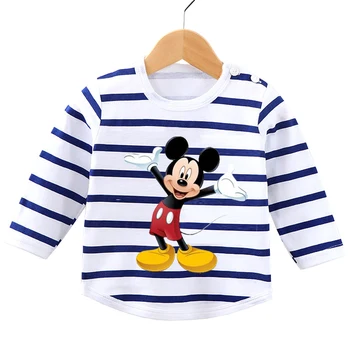  Осенние рубашки с Микки для маленьких мальчиков, хлопковые детские футболки, топы для маленьких девочек, блузка с длинными рукавами для младенцев, футболки для малышей, детская одежда