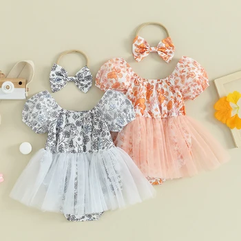  Летняя принцесса, комбинезон для новорожденных девочек, платье 0-24 м, Комбинезоны с цветочным принтом, короткий рукав, Тюлевое платье, повязка на голову, пляжная одежда