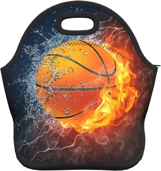  Сумка для ланча в стиле ретро, баскетбольный мяч в огне и воде, Неопреновая сумка для ланча, Изолированный ланч-бокс, сумка для взрослых /детей/путешествий/Пикника
