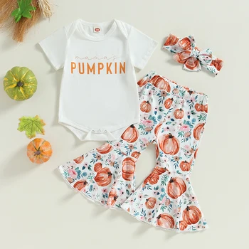  Комплекты Одежды для новорожденных девочек, комбинезон с короткими рукавами и буквами тыквы + расклешенные брюки