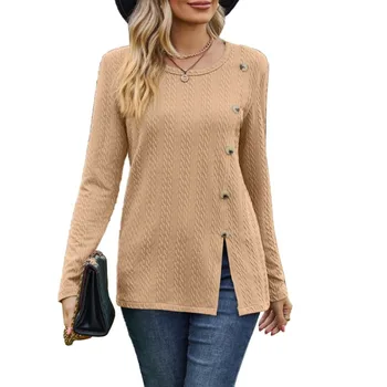  Осенне-зимний женский пуловер, однотонная футболка с круглым вырезом и разрезом на пуговицах, модные повседневные элегантные топы для пригородных поездок