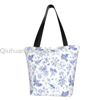  Модная французская сумка для покупок с рисунком синей птицы в стиле Toile De Jouy, холщовая сумка для покупок из вторичной переработки, сумка для покупок в продуктовых магазинах