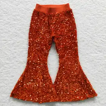  Новый дизайн красно-оранжевой одежды RTS, детские хлопчатобумажные осенние брюки, детские расклешенные брюки-клеш для маленьких девочек, расшитые блестками брюки