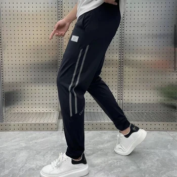  Мужские летние спортивные брюки из тонкой шелковой ткани Ice для фитнеса, одежда для тренировок в тренажерном зале, повседневные штаны для бега трусцой на открытом воздухе