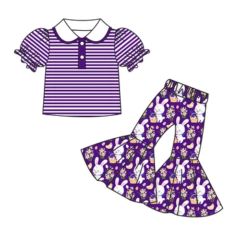 Пасхальная детская одежда в новом стиле, одежда для маленьких девочек, фиолетовый полосатый топ, расклешенные брюки, комплекты детской бутиковой одежды оптом