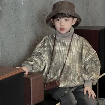  Детская одежда, Толстовка с капюшоном, Осень и Зима 2023, Новый Корейский стиль, Для мальчиков, Градиентный флисовый Утолщенный Свободный Пуловер с капюшоном