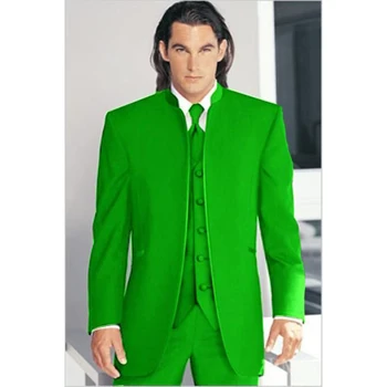  Сшитый по индивидуальному заказу мужской костюм на ЗАКАЗ с зеленым воротником Мадарин, мужские смокинги для женихов (пиджак + Брюки + жилет) 14012305