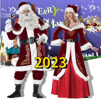  Бархатный Рождественский костюм Санта-Клауса 6 размеров, женская одежда для косплея, Маскарадный костюм для рождественских мужчин, 7 шт./лот, костюм для взрослых, реквизит, униформа