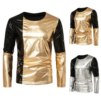  Мужская блестящая металлическая футболка для вечеринки 2023, новая мода, лоскутные футболки с длинным рукавом для ночного клуба, танцевальный выпускной, Хэллоуин, Карнавальная футболка