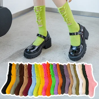  Женские носки с дырками, весна-лето, носки с рваным ворсом, модные хип-хоп средней длины, удобные дышащие трикотажные хлопковые рваные носки