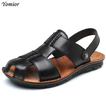  Мужские сандалии Yomior, летние мужские черные модные повседневные пляжные сандалии из натуральной кожи, высококачественная обувь на плоской подошве, сандалии большого размера