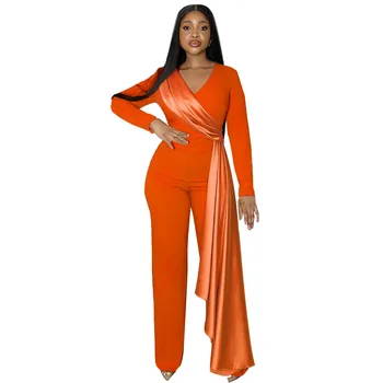  Элегантная африканская одежда для женщин 2024 Осень Африканский длинный рукав с V-образным вырезом Зеленый Черный Оранжевый Синий Длинный комбинезон Африканская одежда