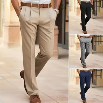  2023 Мужские Классические однотонные костюмные брюки со средней посадкой и карманами, деловые офисные Длинные брюки, приталенные рабочие брюки с прямыми штанинами, Спецодежда