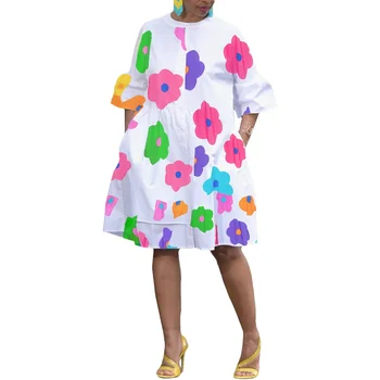  Летние Африканские платья для женщин, Африканское повседневное платье из белого полиэстера с коротким рукавом и принтом длиной до колен, Дашики, Африканская одежда