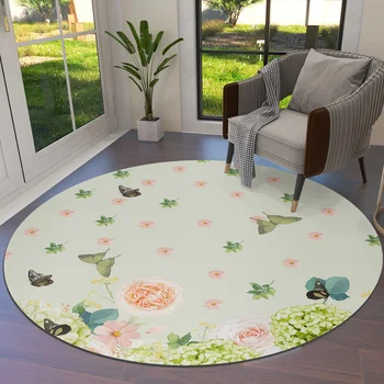  Иллюстрация растения Цветок Бабочка Зеленый Круглый коврик Ковры для гостиной Большой коврик Украшение домашней спальни детской комнаты