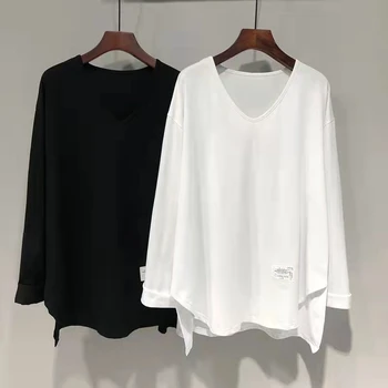  Женская футболка неправильной формы с длинными рукавами, осень-зима, Свободная, средней длины, из чистого хлопка с V-образным вырезом, модный топ