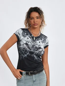  Sunloudy, женская футболка Y2K Grunge с коротким рукавом, футболки с эстетическим рисунком E-Girl, Летние футболки в стиле панк, готические футболки, готическая укороченная одежда