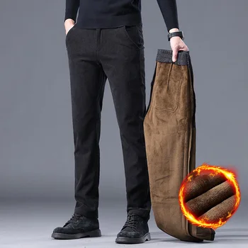  Осень Зима 2023, Новые мужские деловые Свободные Прямые вельветовые плюшевые повседневные брюки, Мужские длинные брюки, теплые плотные мужские брюки