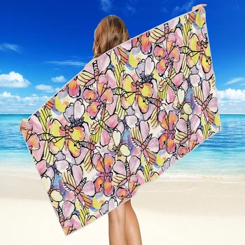  Пляжное полотенце с бабочкой-стрекозой и цветком, приятный, сверхмягкий влагопоглощающий материал для путешествий, плавания, спорта, ванной комнаты в отеле для детей и девочек