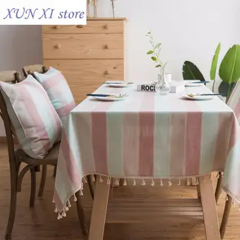  2023 Полосатая скатерть с кисточками, прямоугольный Льняной хлопчатобумажный стол для кухни, столовой, украшение журнального столика
