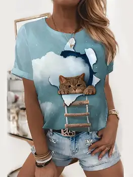  Летняя мода Harajuku, милые футболки с 3D-принтом кота, женская базовая футболка с круглым вырезом и 3D-принтом кота, топы больших размеров