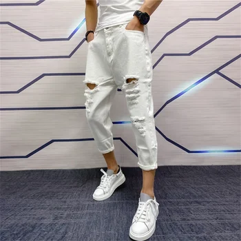  Японский тренд, Новые мужские джинсы с рваными дырками, однотонные молодежные модные Свободные джинсовые шаровары-карго 2024 D96