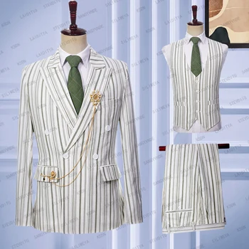  2023 Новый популярный мужской комплект белья, модный облегающий светло-зеленый Белый фрак жениха в вертикальную полоску, куртка, жилет, Брюки