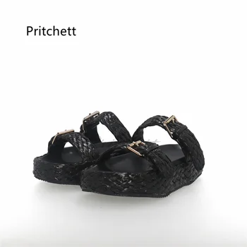  Эспадрильи с пряжкой на ремне, женские летние туфли на платформе с двойным ремешком и круглым носком, с металлической пряжкой на плоской подошве, с женскими босоножками черного цвета