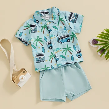  Комплект Летней одежды для маленьких мальчиков, летние топы на пуговицах с принтом в стиле бохо, рубашка, комплект шорт, одежда для мальчиков