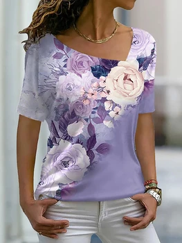  Летние женские футболки с 3D цветочным принтом, топы с V-образным вырезом и коротким рукавом, повседневная женская футболка, модные футболки в стиле харадзюку, женская одежда Y2k