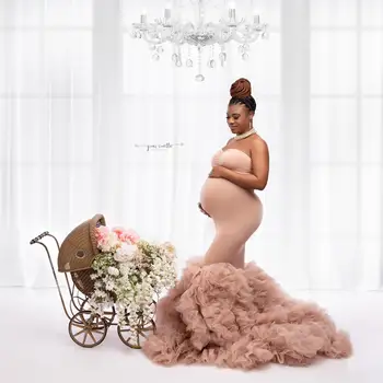  Сексуальные халаты для беременных с русалочкой цвета шампанского для фотосъемки, платья для беременных с многоуровневыми оборками, платья для душа ребенка без рукавов