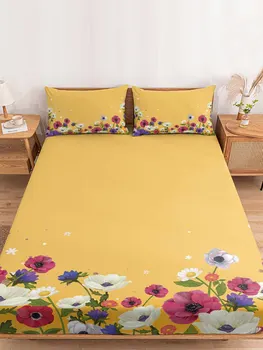  Простыня в цветочек желтого цвета с эластичными лентами, Нескользящие Регулируемые наматрасники для односпальной кровати Twin King-Size