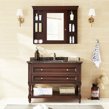  Напольный шкаф для ванной комнаты в американском стиле, простой Деревенский дуб, мраморный умывальник, комбинация умывальников и шкафов для ванной комнаты