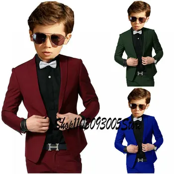  Бордовый костюм для мальчиков, свадебный смокинг, модный жакет, брюки, приталенная одежда из 2 предметов для детей от 2 до 16 лет