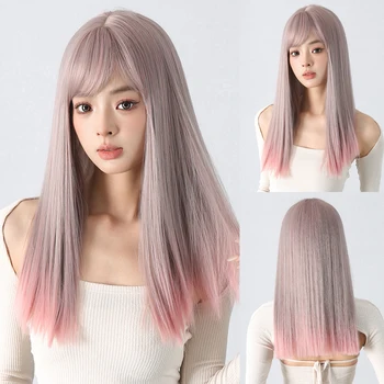 Омбре Светло Фиолетовый Розовый Прямой синтетический парик с челкой Длинный натуральный парик для женщин Красочные термостойкие волосы для косплея