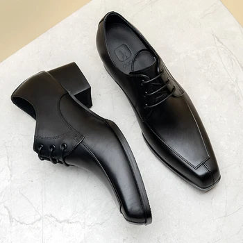  Осенний новый бутик мужской обуви из натуральной кожи с квадратным носком, кожаные туфли на высоком каблуке со шнуровкой в британском стиле для мужчин