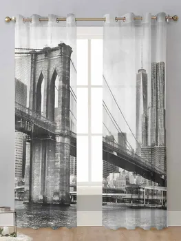  Здание моста в Нью-Йорке Прозрачные занавески для окна гостиной Прозрачная вуаль Тюлевая занавеска Cortinas Шторы для домашнего декора