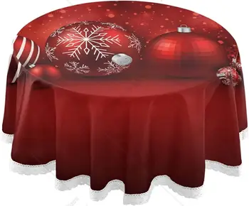  Красные рождественские шары, Круглая скатерть 60 дюймов, Скатерти с кружевным рисунком в виде снежинок, Праздничный декор для кухни, вечеринки с барбекю.