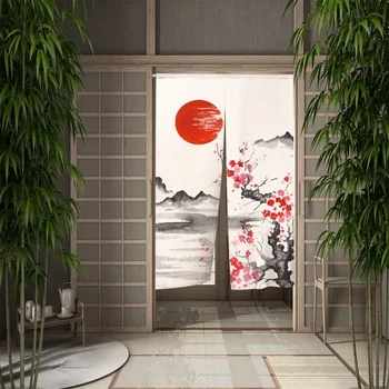  Японская живопись тушью Дверная занавеска Закат Цветы Гора Перегородка Шторы Драпировка Декор Входа в кухню Подвесная занавеска