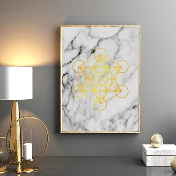  Золотой куб Метатрона Мраморная Настенная живопись Холст Картина Золотая Сакральная Геометрия Принт 