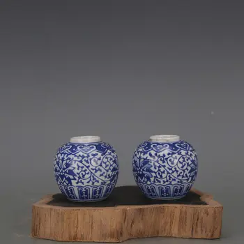  Пара китайских бело-голубых фарфоровых банок с рисунком цветов лотоса Мини-горшок 2,40 дюйма