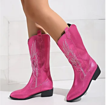  Новые женские ботинки с натуральной вышивкой, Кожаные ботинки ручной работы с острым носком на высоком каблуке, Осенне-зимние Ковбойские ботинки в стиле Вестерн в стиле ретро