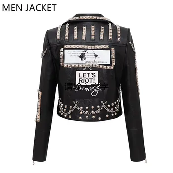  Мужская женская кожаная куртка, мотоциклетная мода, уличная одежда с заклепками, весна-осень, байкерское мото-пальто, приталенная верхняя одежда Y1249